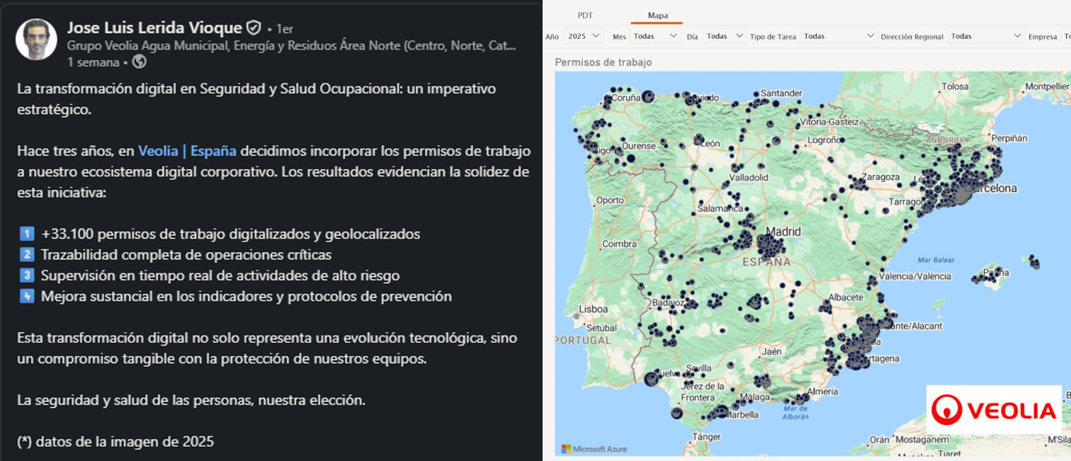 Captura de LinkedIn de Jose Luis Lerida Vioque (Veolia España) sobre digitalización de permisos de trabajo: +33.100 permisos geolocalizados en mapa de España