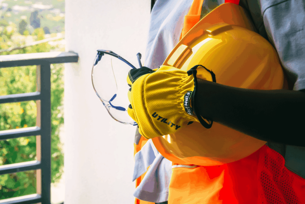 Trabajador sosteniendo un casco de seguridad amarillo con guantes y ropa de protección naranja en entorno al aire libre