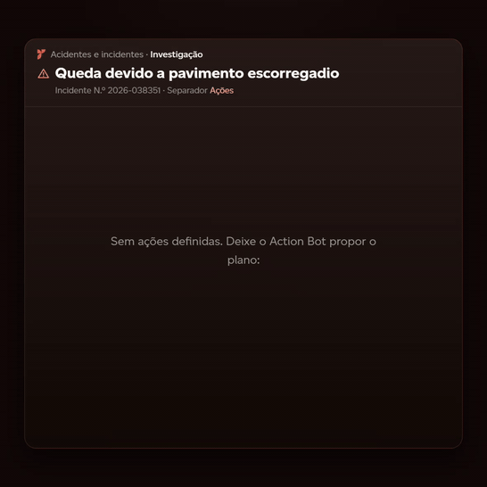Action Bot, a inteligência artificial do software EHSQ da Prodity, gera um plano de ação de cinco tarefas com tipo, responsável e data para um incidente de queda