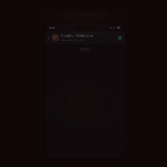 FieldVoice, the artificial intelligence in Prodity's occupational health and safety software, turning a WhatsApp voice note into a safety observation with type, area, risk and action