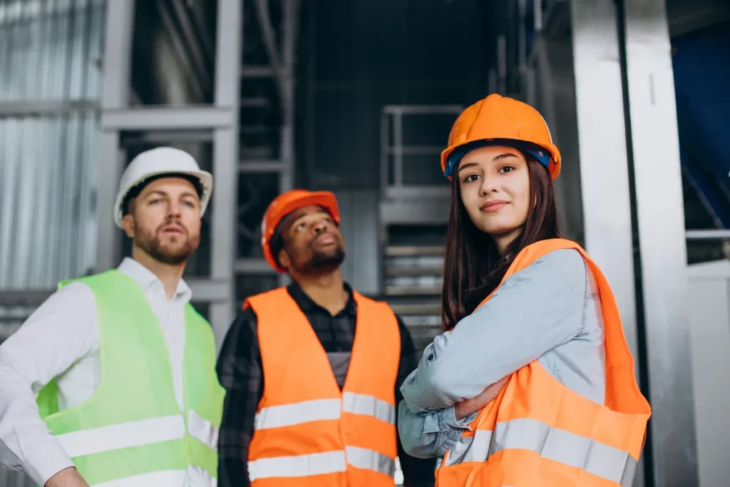 Equipo de prevención de riesgos con casco y chaleco reflectante revisando una planta industrial para elaborar la matriz IPER con un software EHSQ