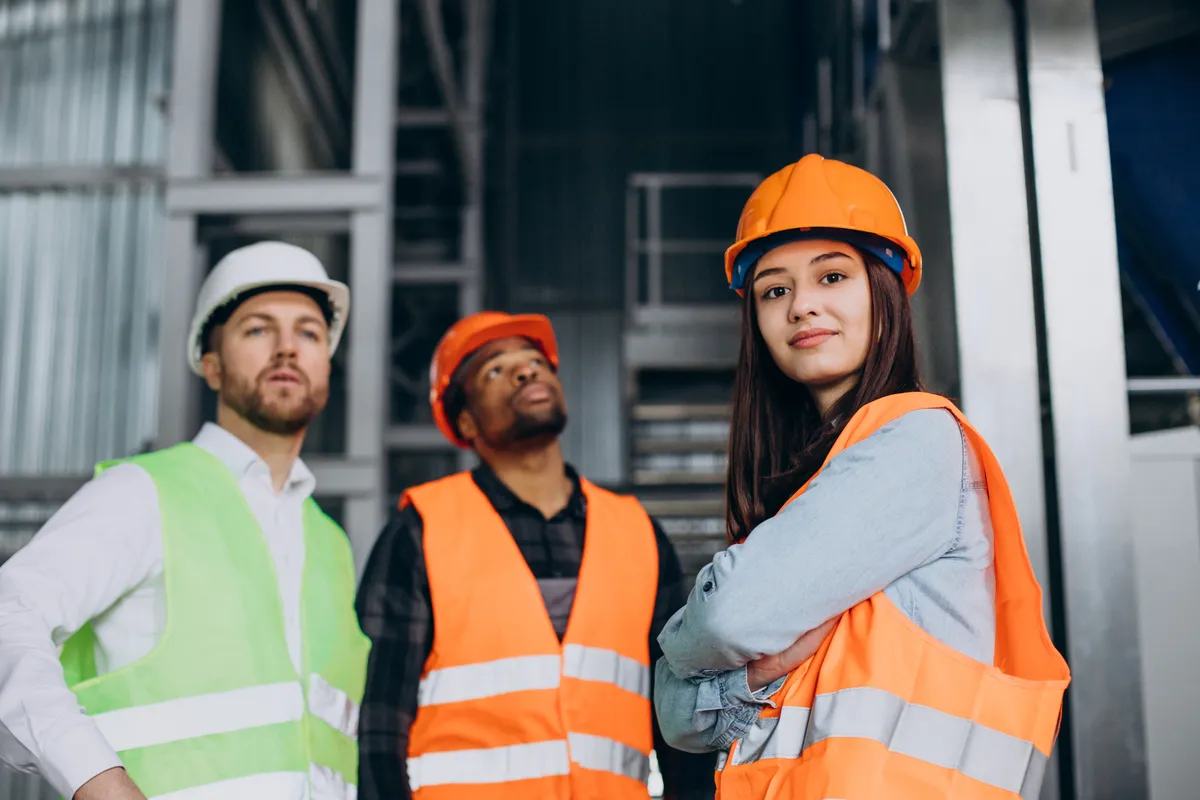 Equipo de prevención de riesgos con casco y chaleco reflectante revisando una planta industrial para elaborar la matriz IPER con un software EHSQ