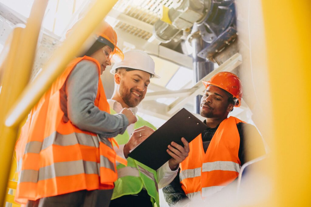 Tres profesionales con EPIs revisan factores de riesgo laboral con software EHSQ e inteligencia artificial