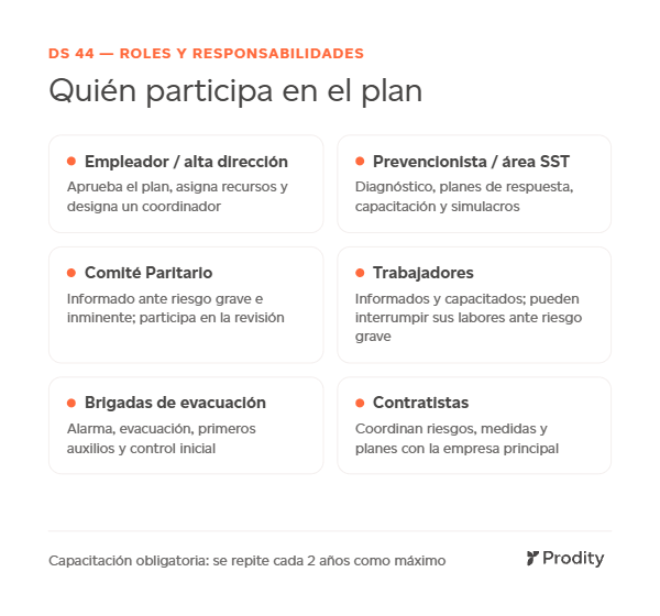 Roles en el plan de emergencias según el DS 44: empleador, prevencionista o área SST, Comité Paritario, trabajadores, brigadas de evacuación y contratistas.